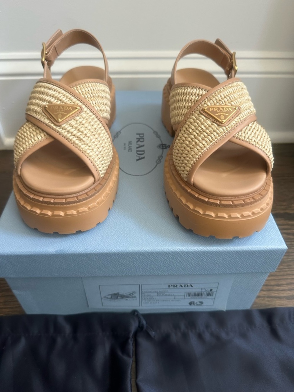 Prada Cream and Tan Raffia Platform Sandals - new in box - Picture 10 of 15